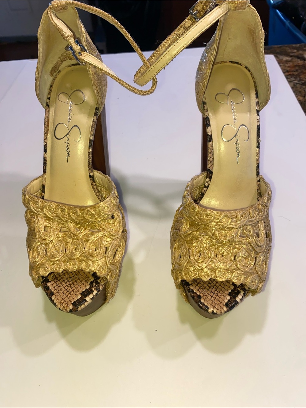 Jessica Simpson Metallic Gold Braided Rosette Platform Heels